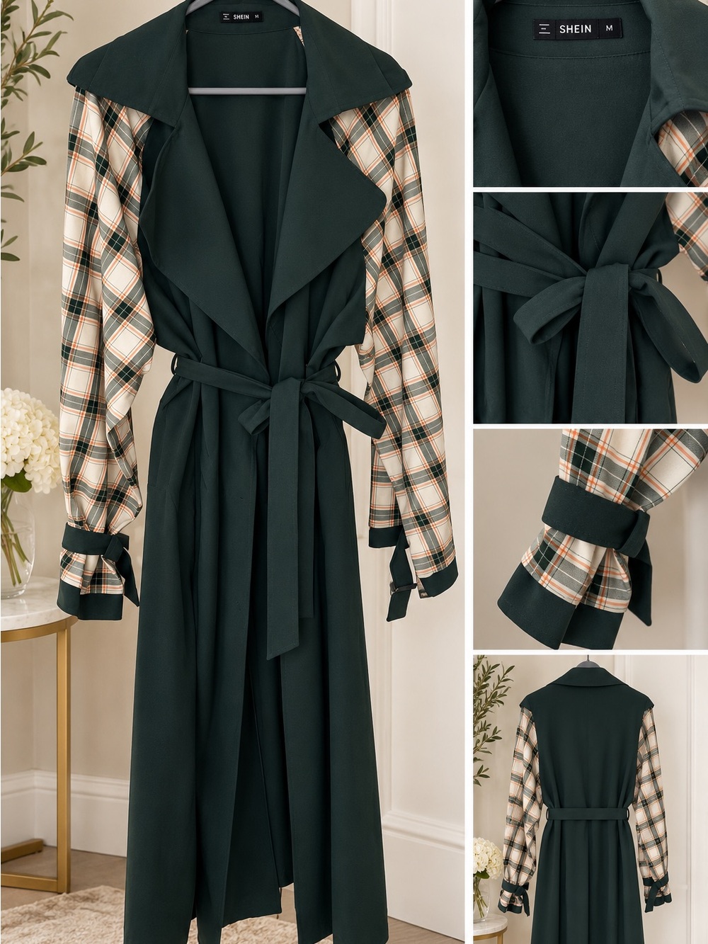 SHEIN Dark Green Trench Coat with Cream & Green Plaid Sleeves